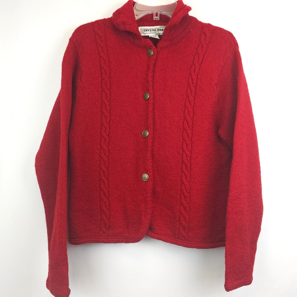 Vintage Crystal Kobe Petite S Cherry Red Wool Button Up Sweater Cardigan‎